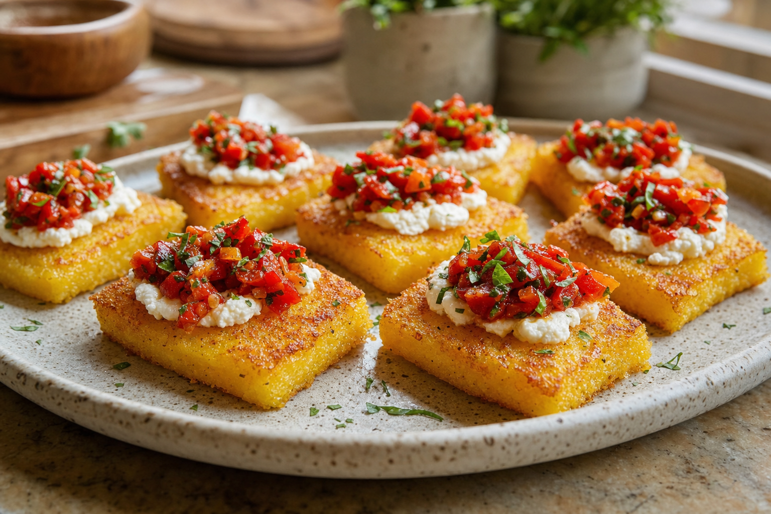 Crispy Polenta with Whipped Feta and Pepper Relish