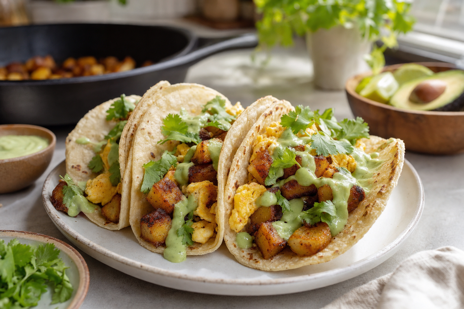 Crispy Potato Breakfast Tacos with Avocado Crema