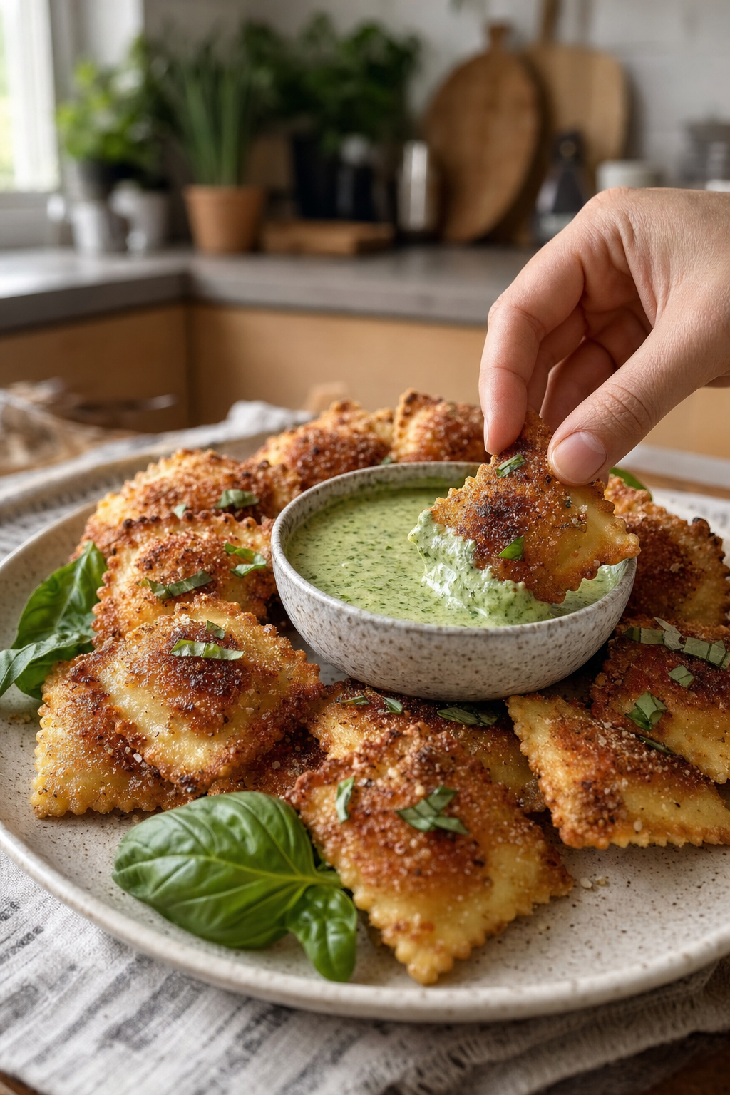 Crispy Ravioli Pizza Dippers with Basil Dip