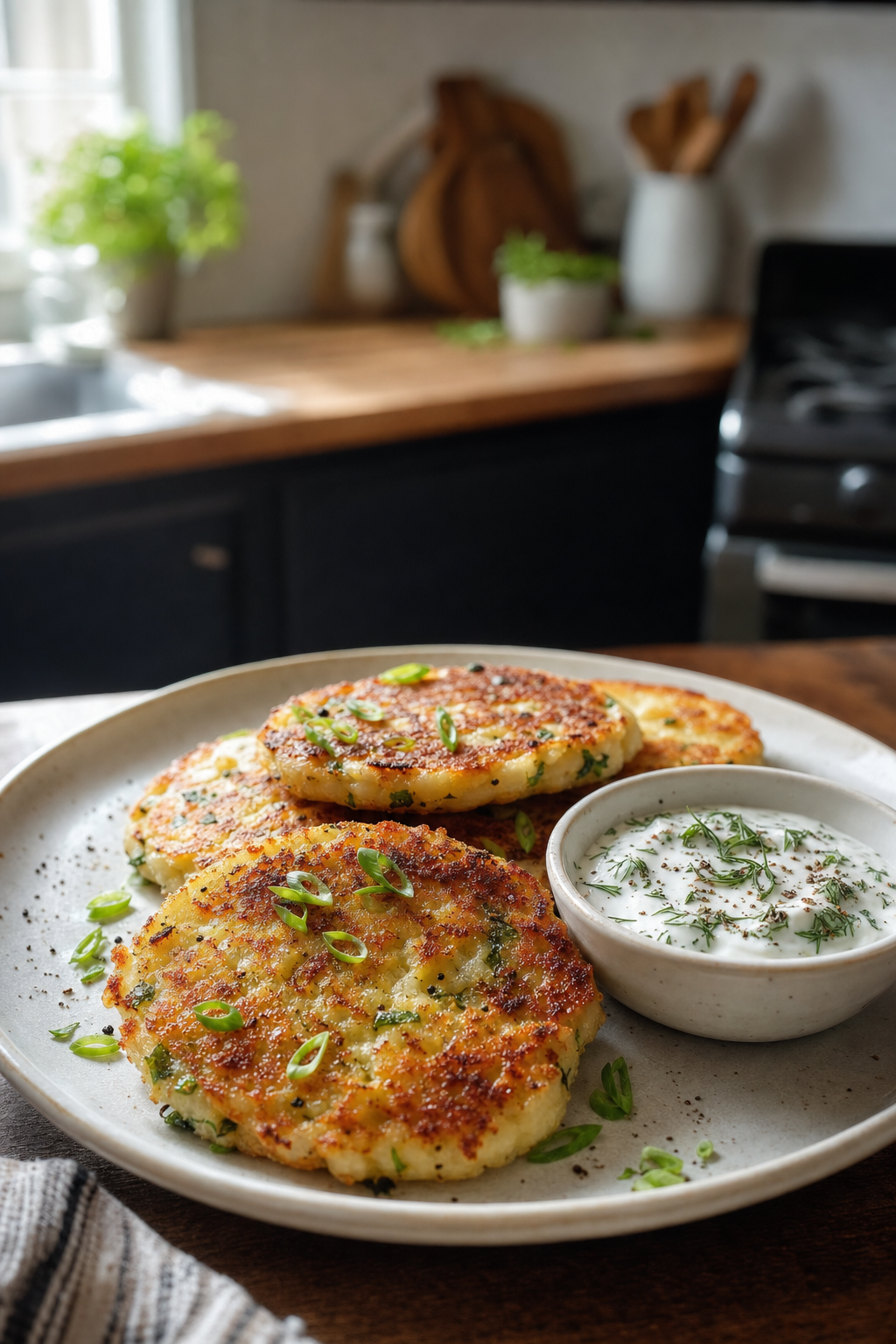 Crispy Scallion Potato Cakes with Herbed Yogurt