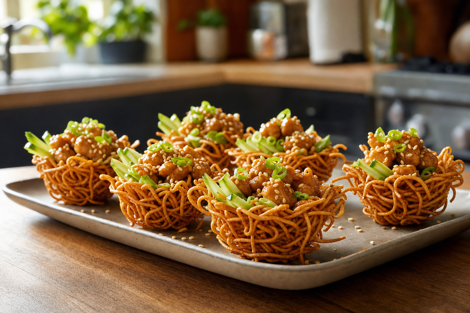 Crispy Sesame Noodle Nest Bites