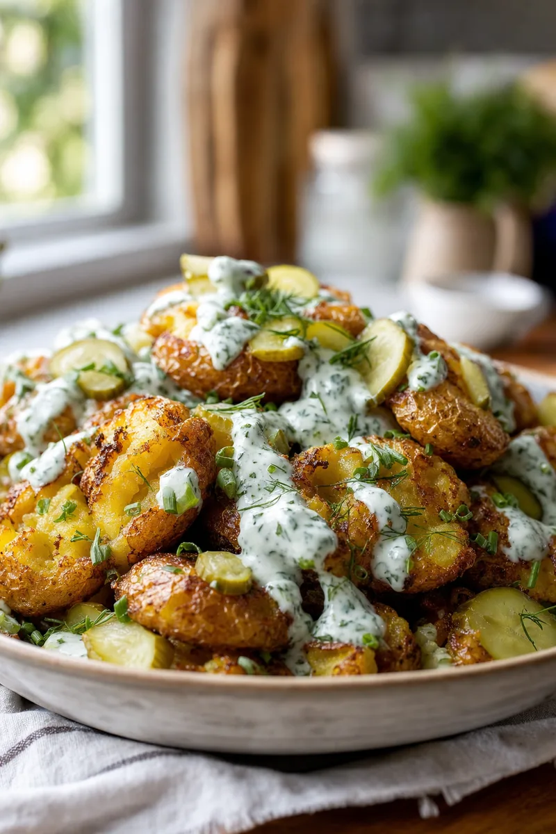 Crispy Smashed Potato Salad with Dill Pickle Dressing