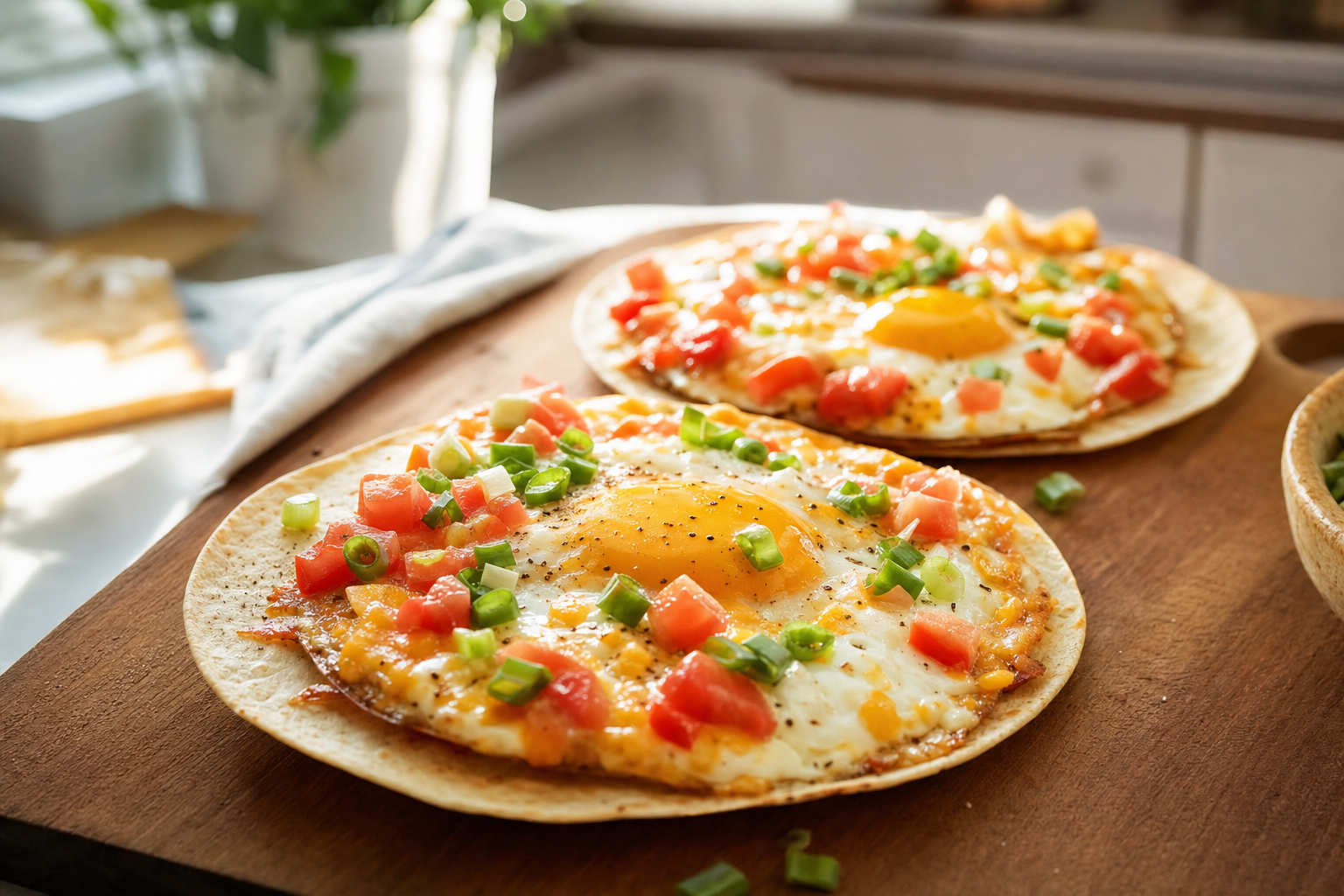 Crispy Tortilla Egg Breakfast Pizzas
