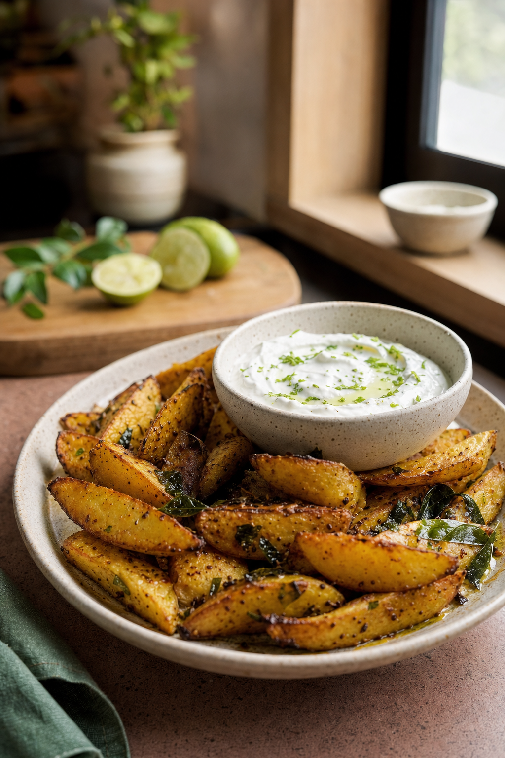 Curry Leaf Potato Wedges with Lime Yogurt