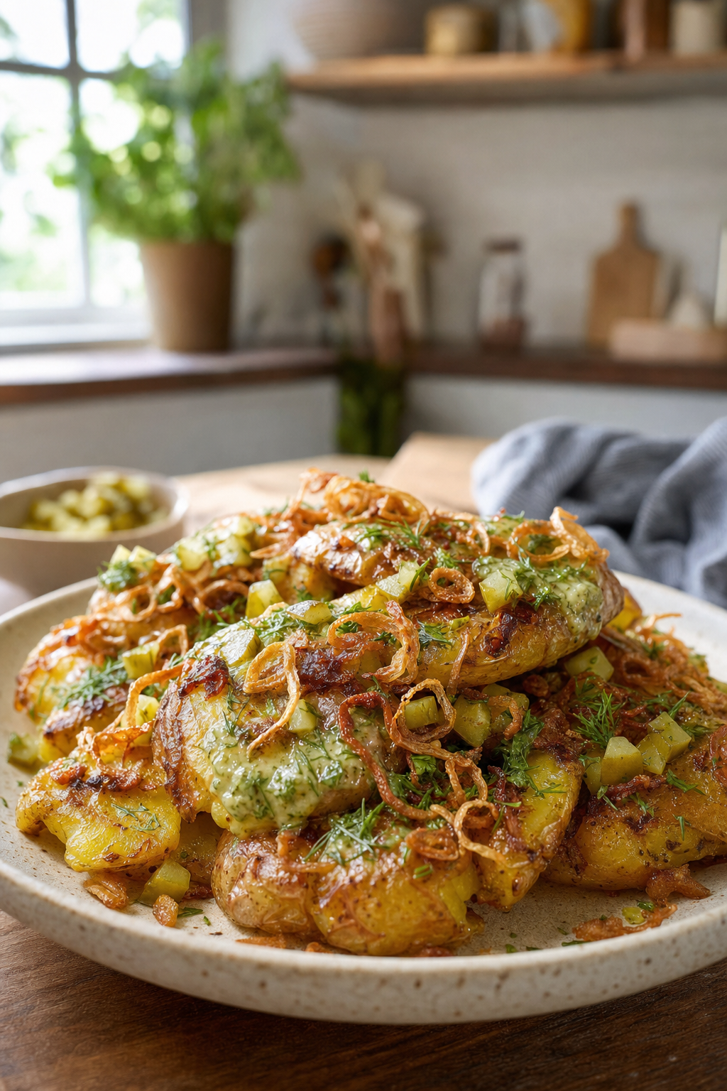 Dill Pickle Potato Smash with Crispy Shallots