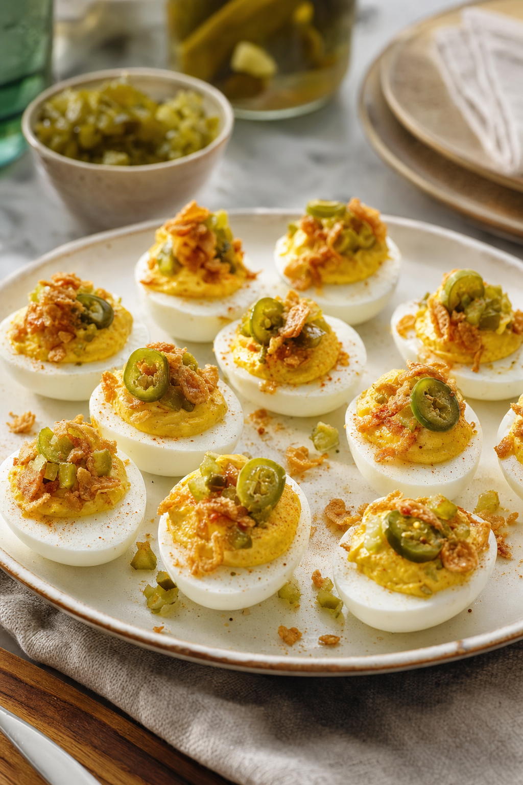 Diner Deviled Eggs with Pickled Jalapeño Crunch