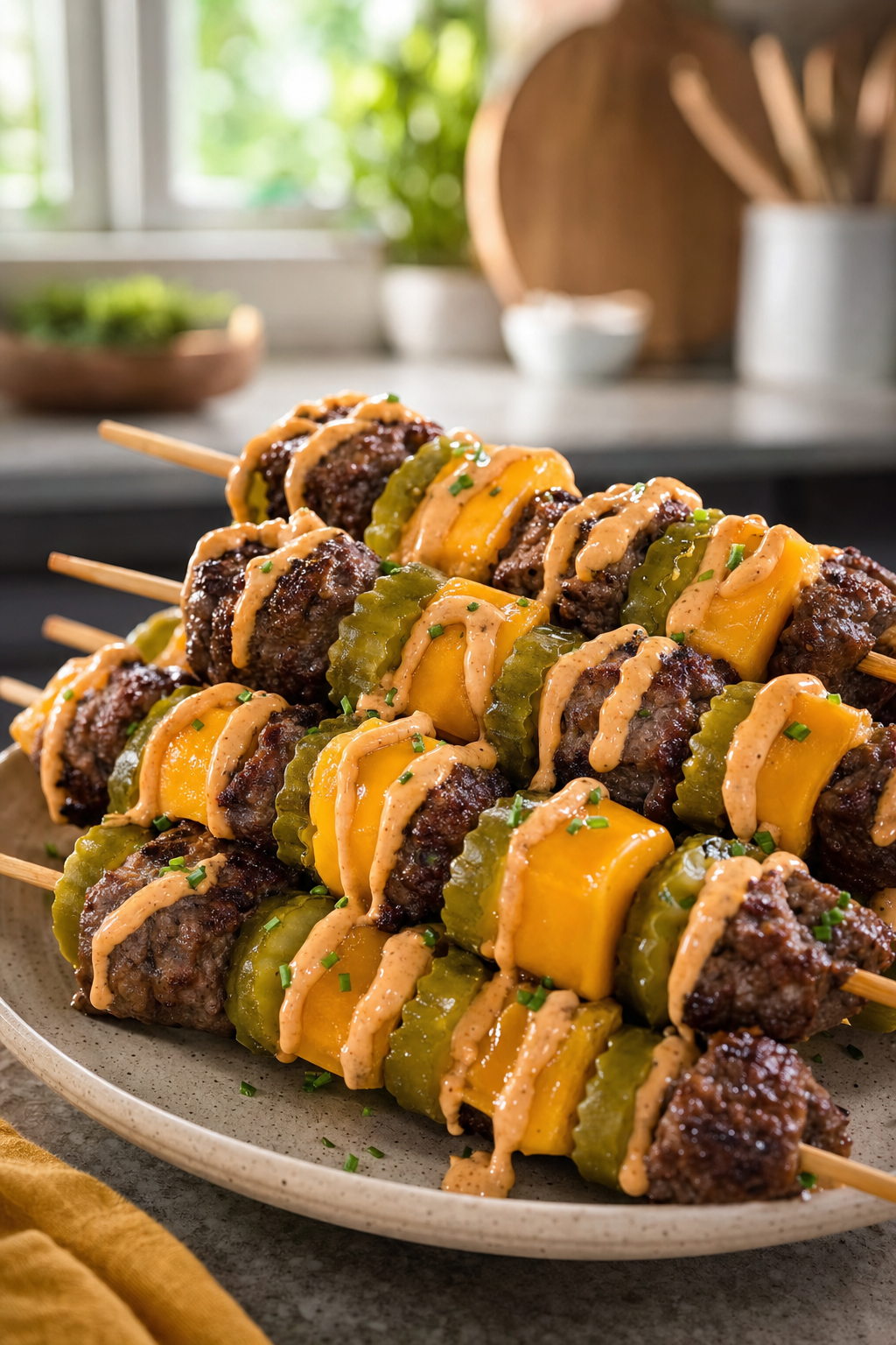 Diner Pickle Cheeseburger Skewers
