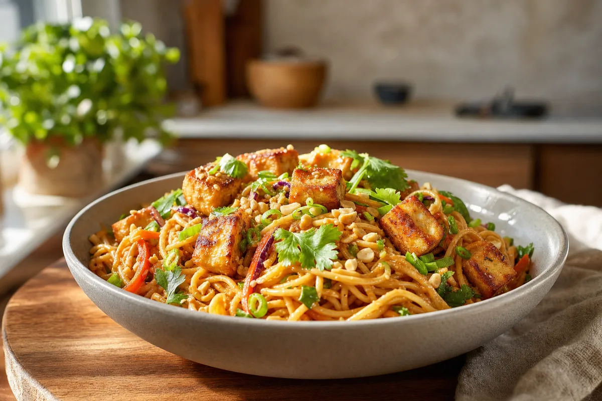 Ginger Peanut Noodles with Crispy Tofu