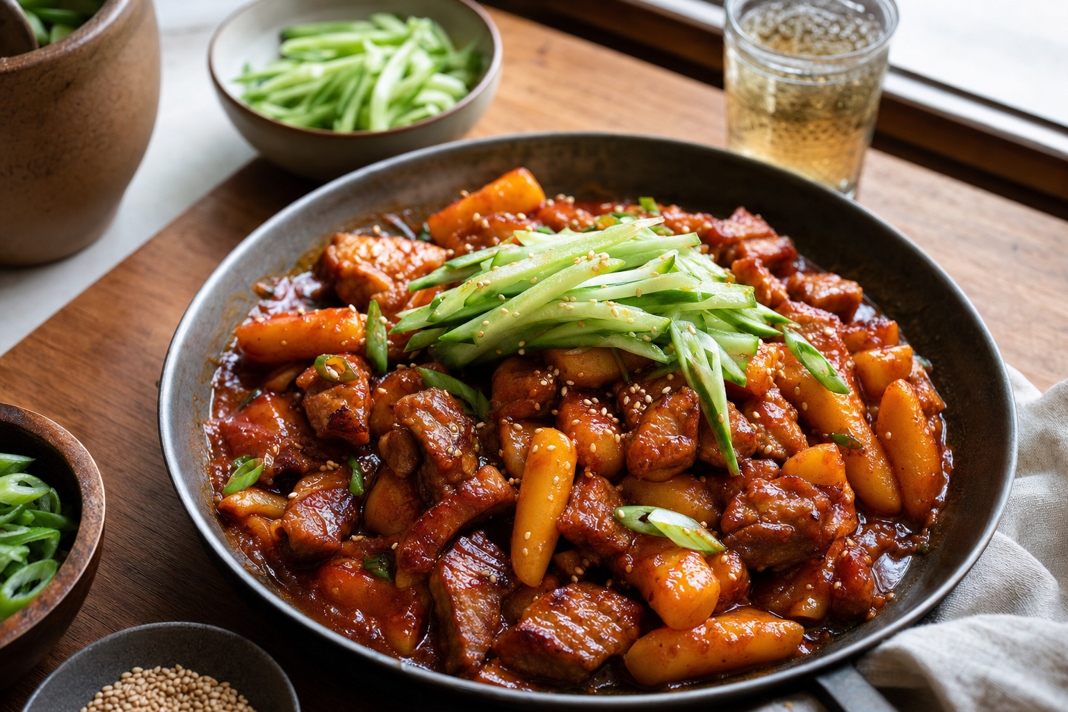 Gochujang Pork Rice Cakes with Cucumber