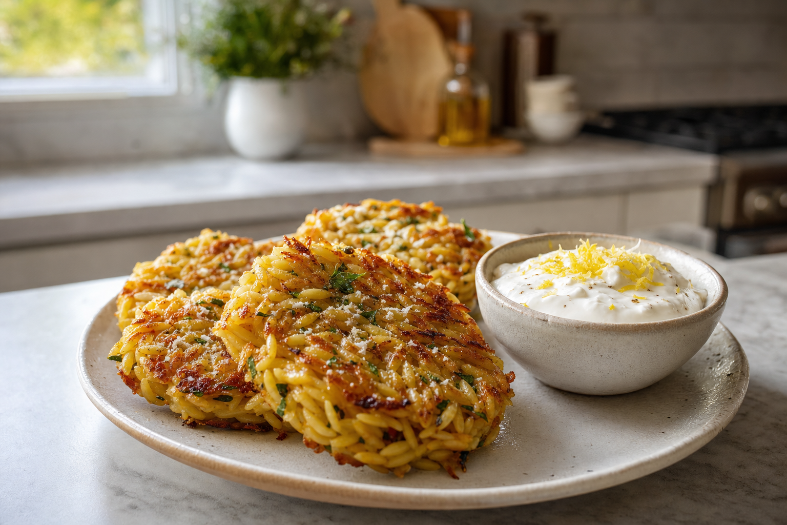 Golden Orzo Cakes with Lemon Yogurt