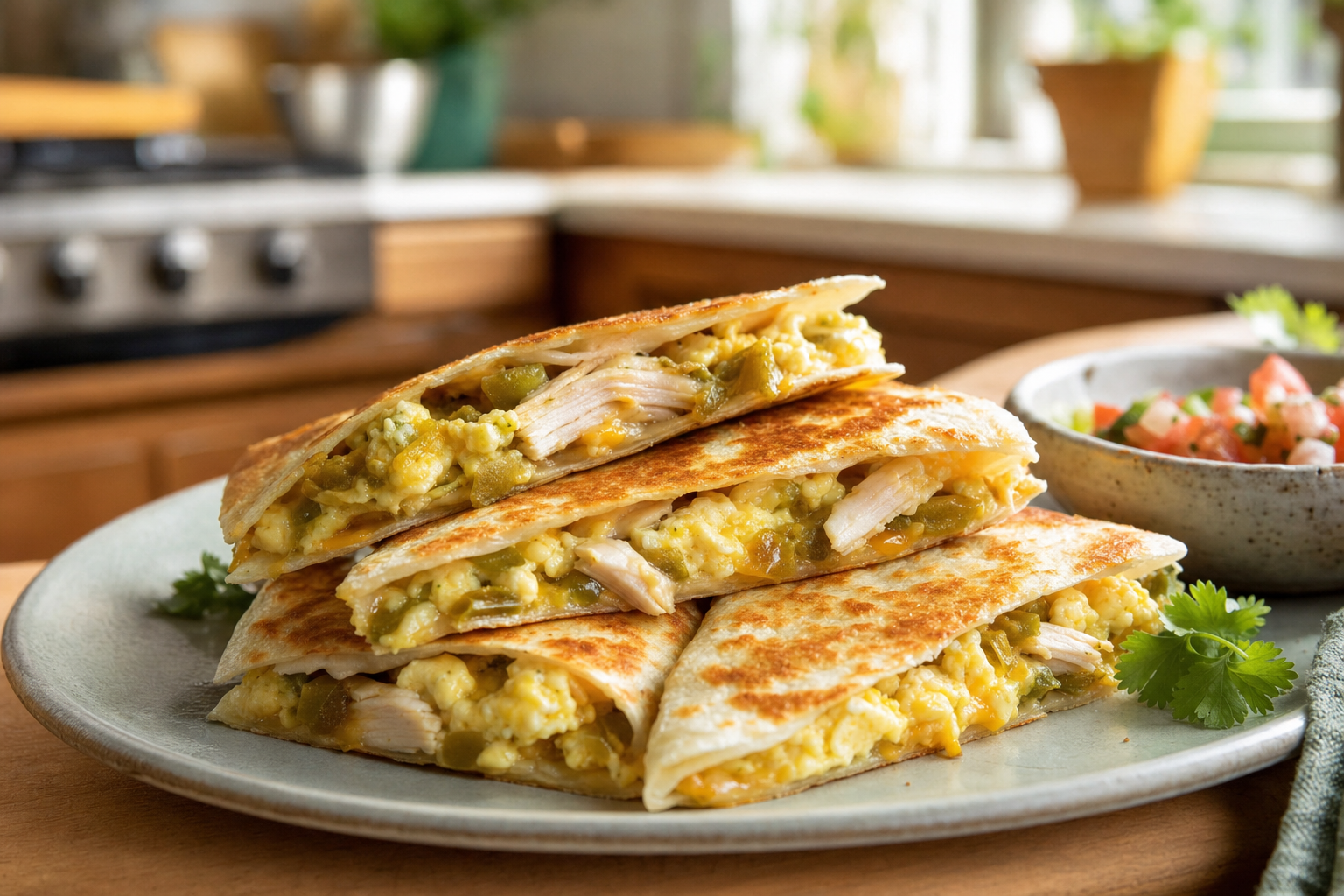 Green Chile Chicken Breakfast Quesadillas