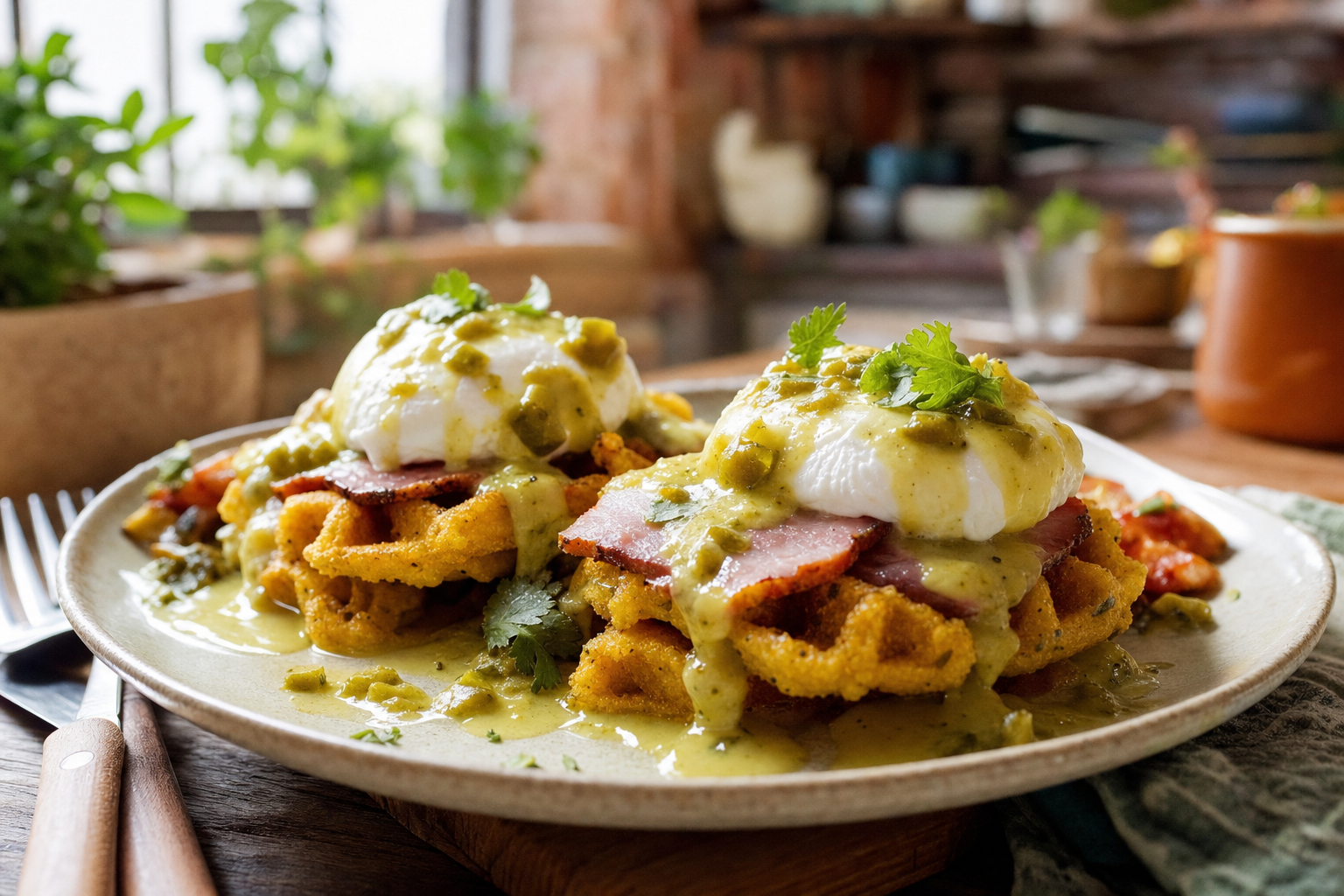Green Chile Cornmeal Waffle Benedict