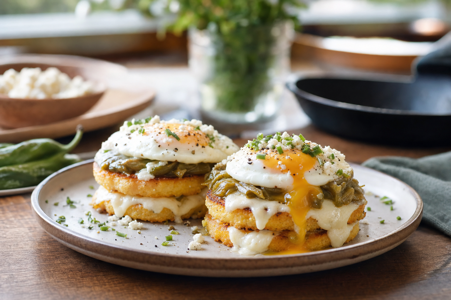 Green Chile Polenta Breakfast Stacks