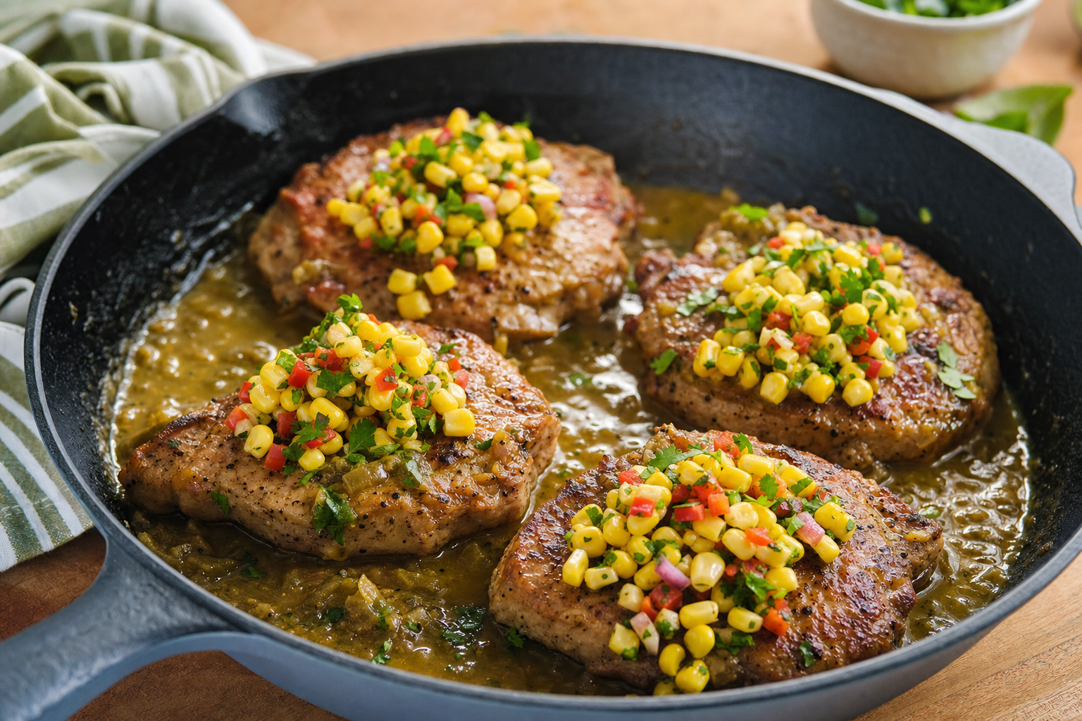 Green Chile Pork Chop Skillet with Corn Relish
