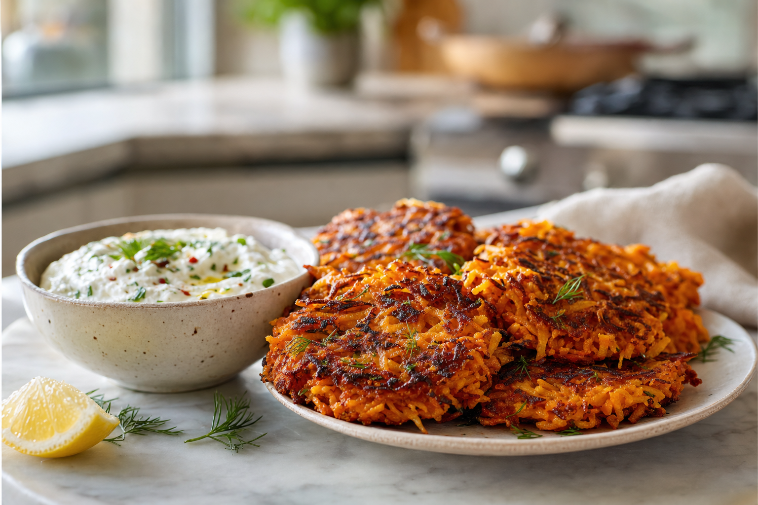 Harissa Carrot Fritters with Feta Dip