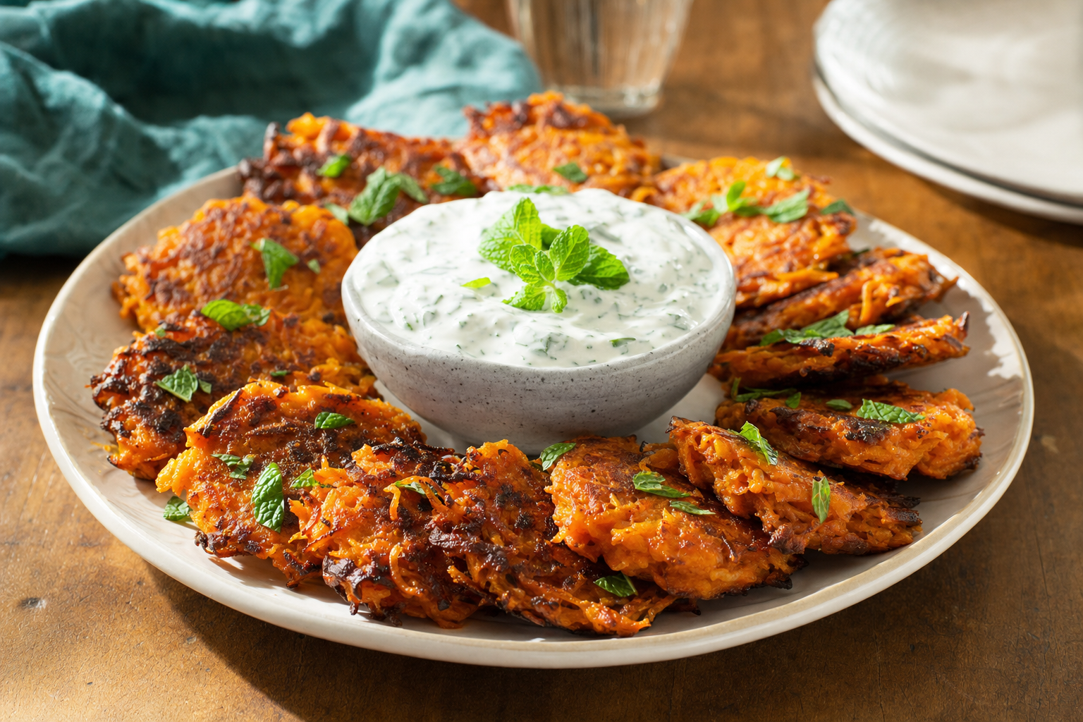Harissa Sweet Potato Fritters with Mint Yogurt
