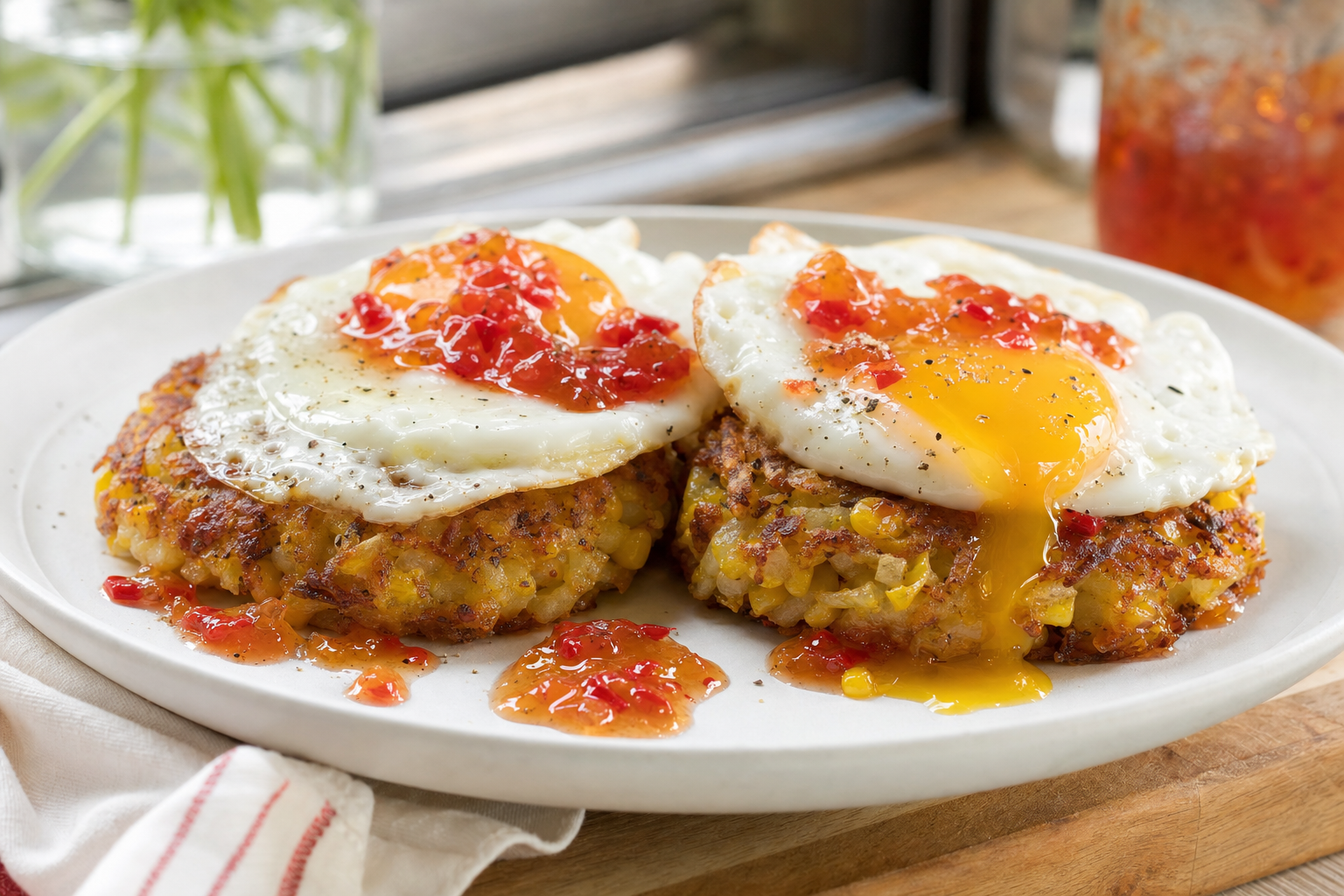 Hash Brown Corn Cakes with Pepper Jelly
