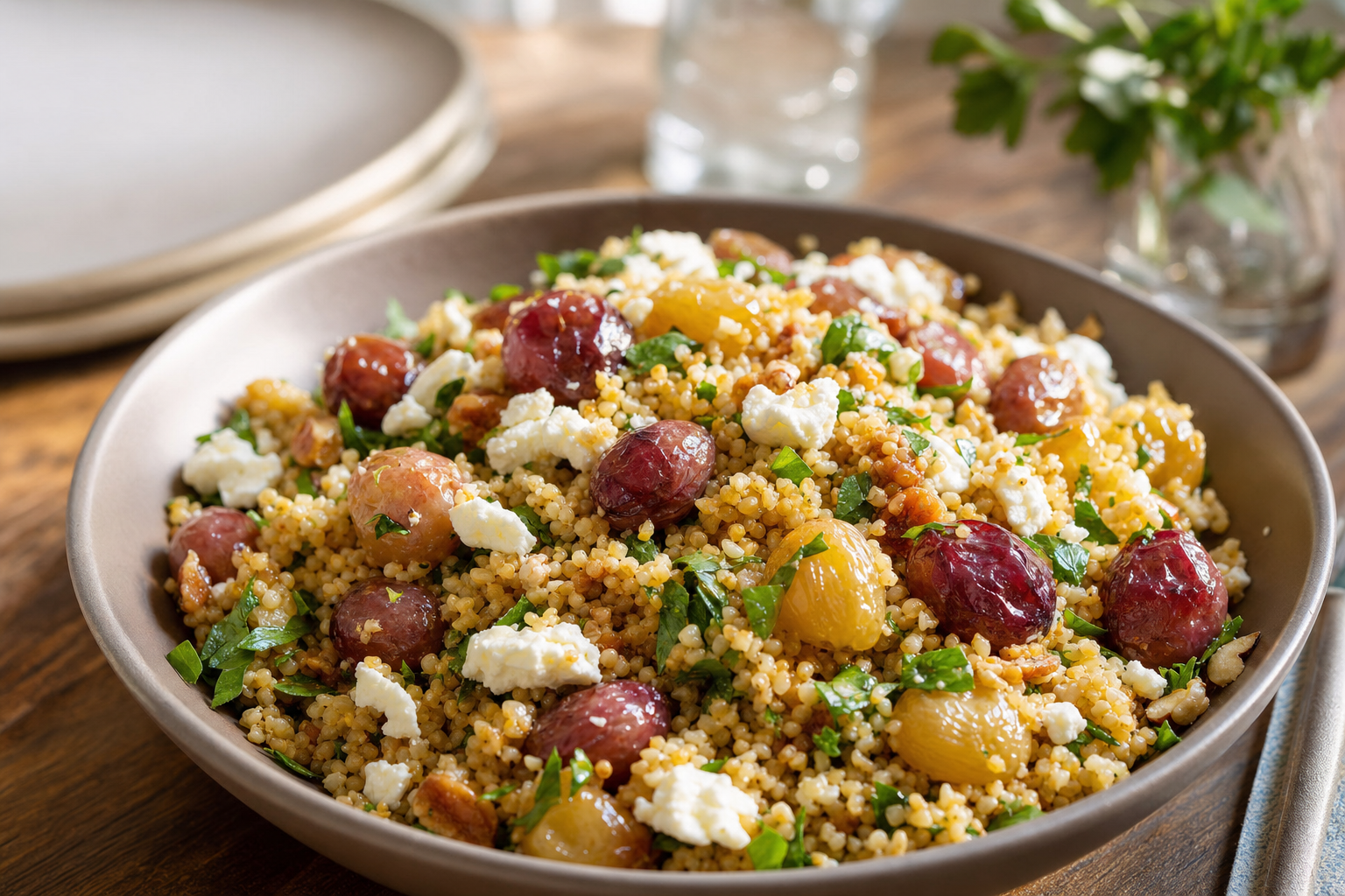 Herbed Bulgur with Roasted Grapes and Feta