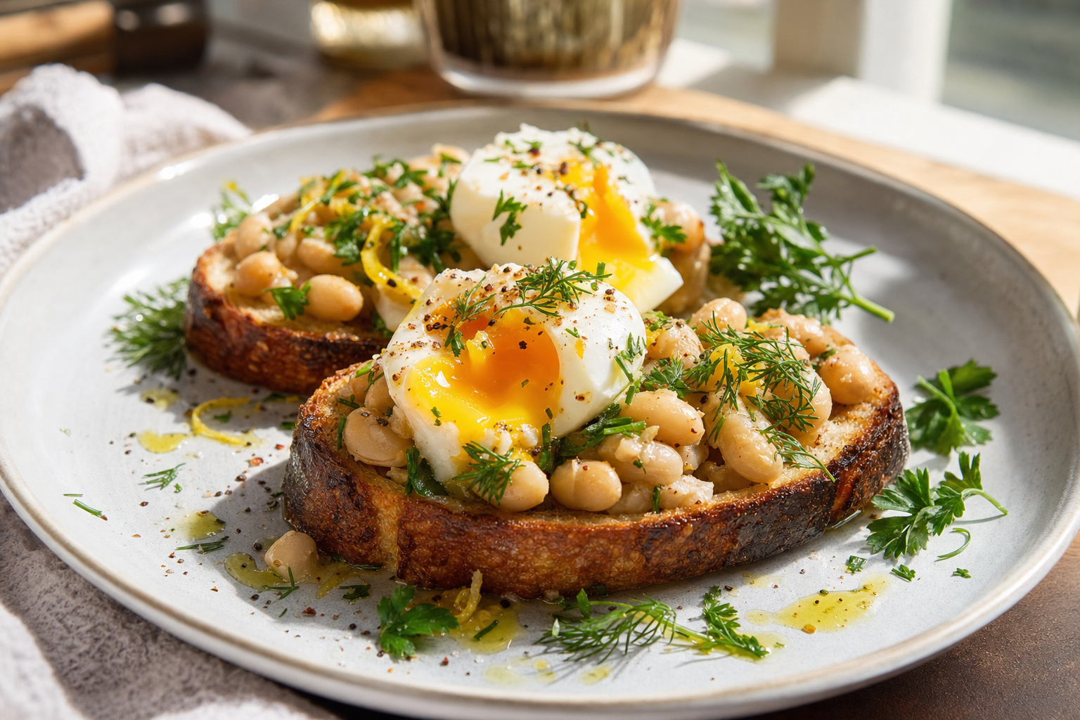 Herby White Bean Breakfast Toasts with Jammy Eggs