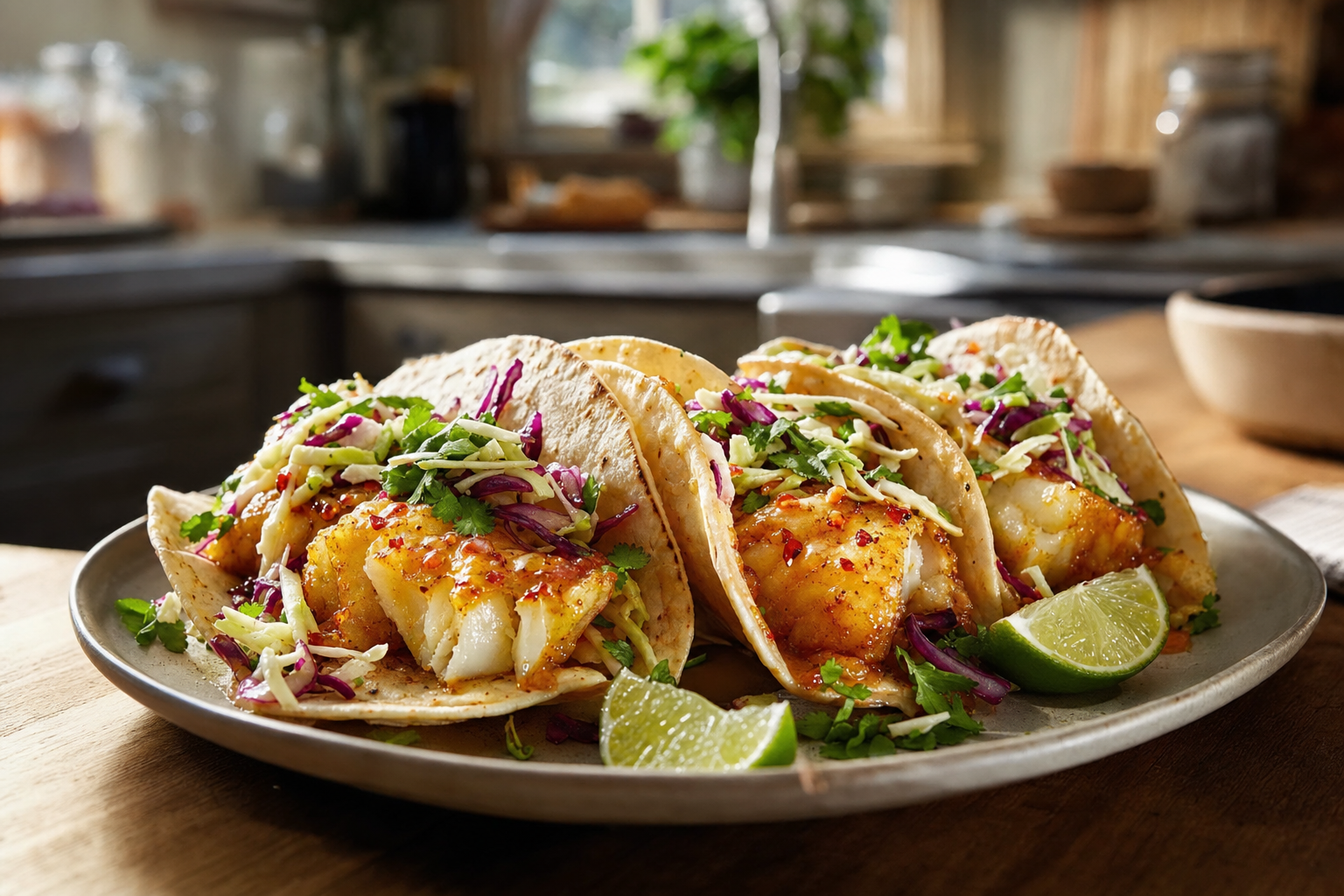 Hot Honey Cod Tacos with Cabbage Crunch