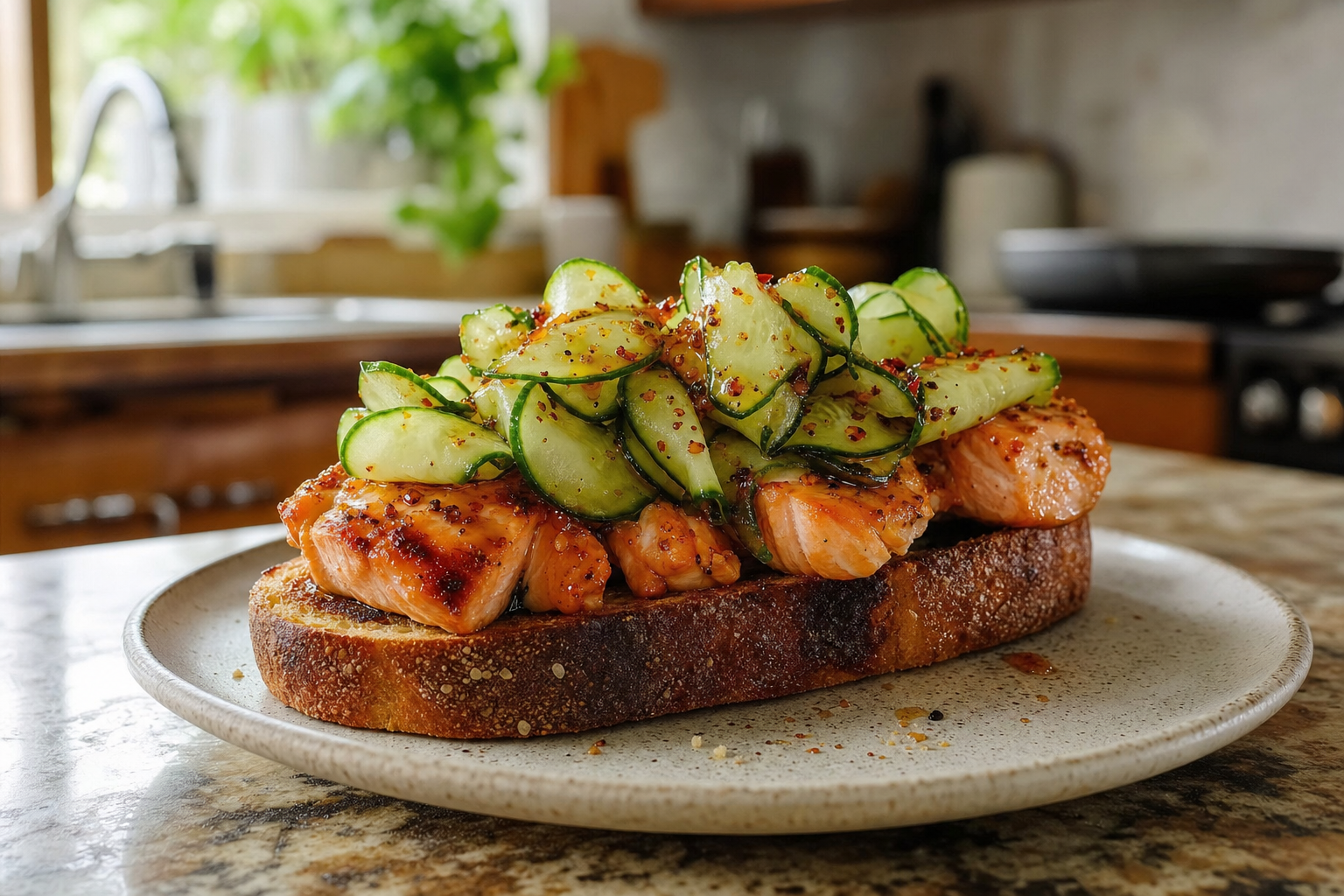 Hot Honey Salmon Toasts with Cucumber
