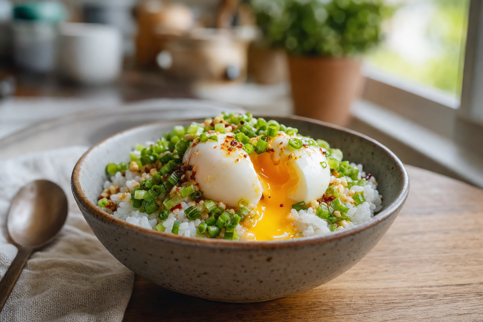 Jammy Egg and Scallion Rice Bowl