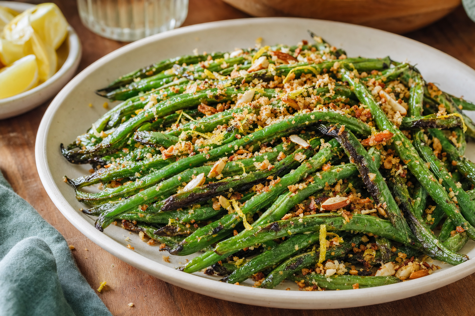 Lemon Charred Green Beans with Almond Breadcrumbs