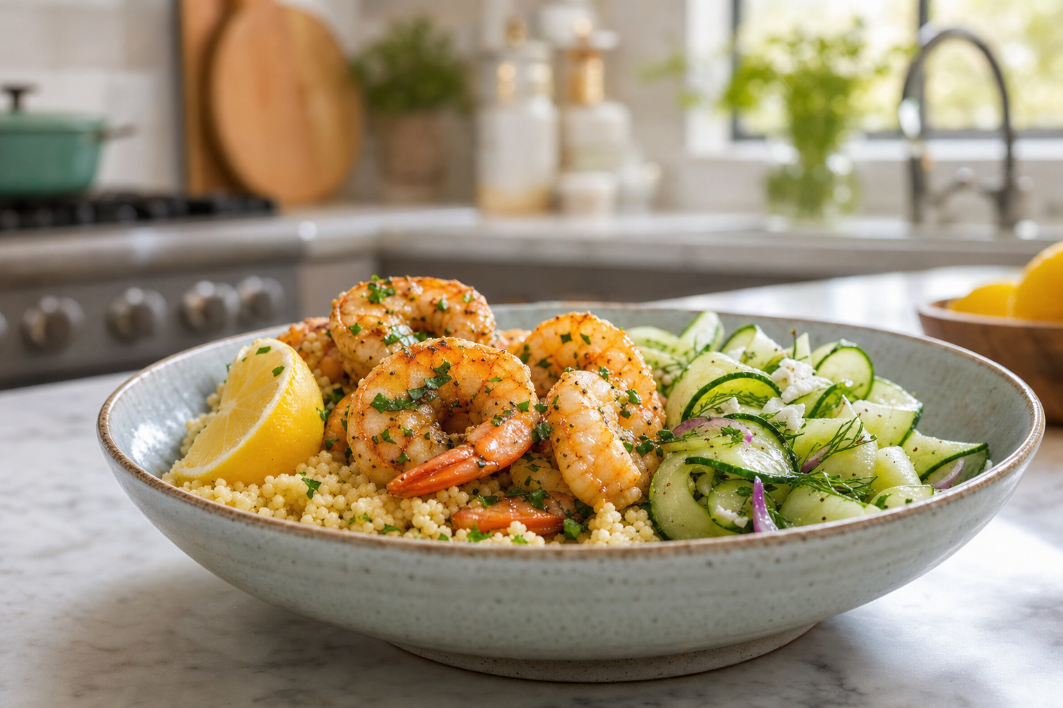 Lemon Garlic Shrimp Couscous Bowls with Cucumber Salad