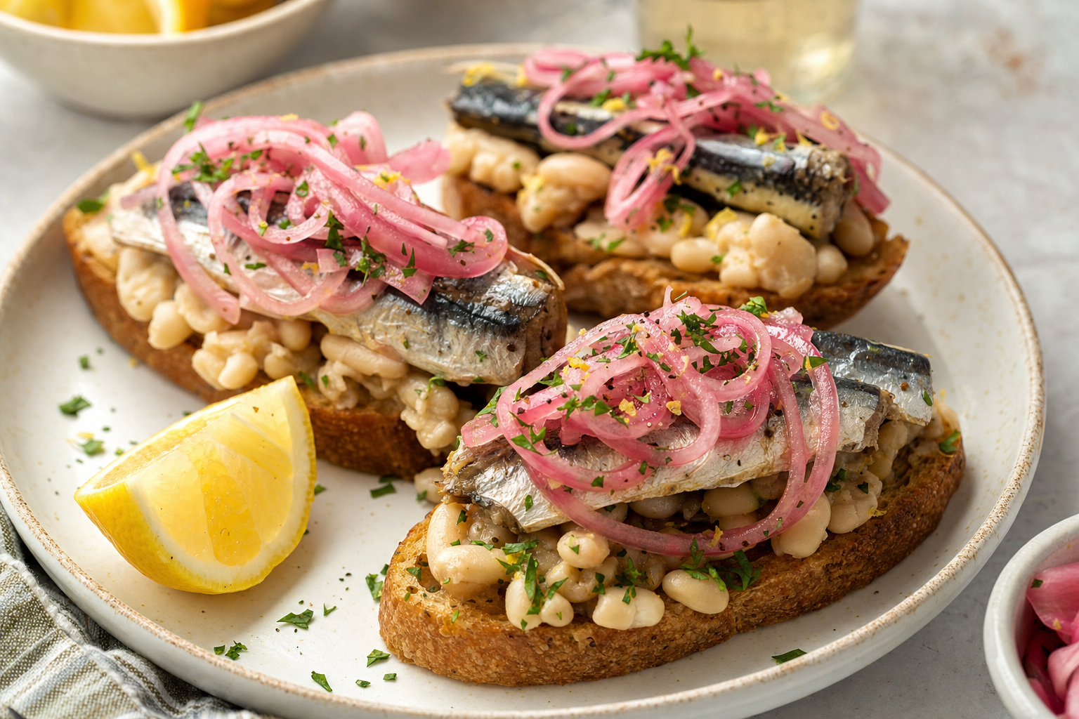 Lemon Sardine Toasts with Pickled Onion