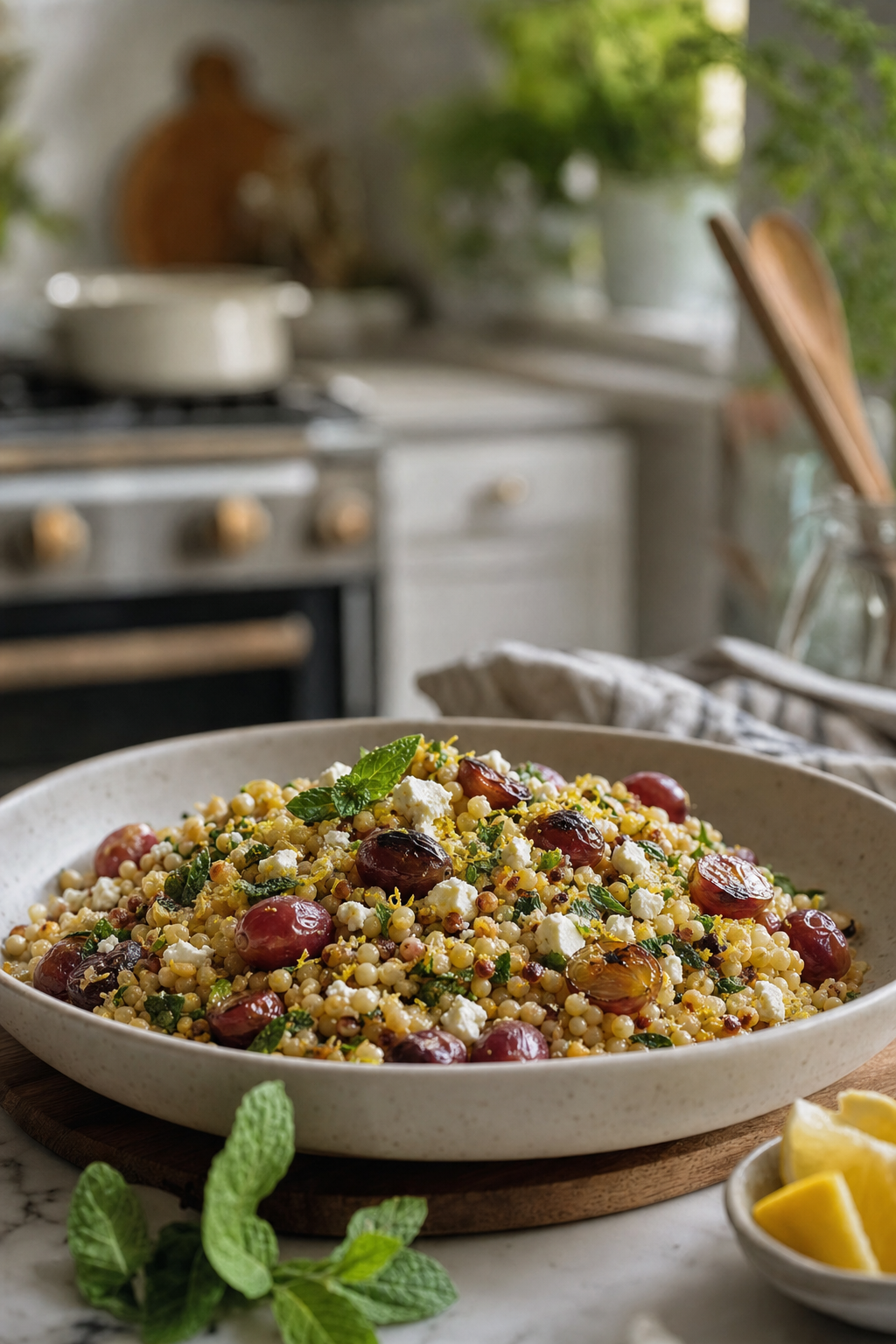 Lemony Fregola with Blistered Grapes and Mint