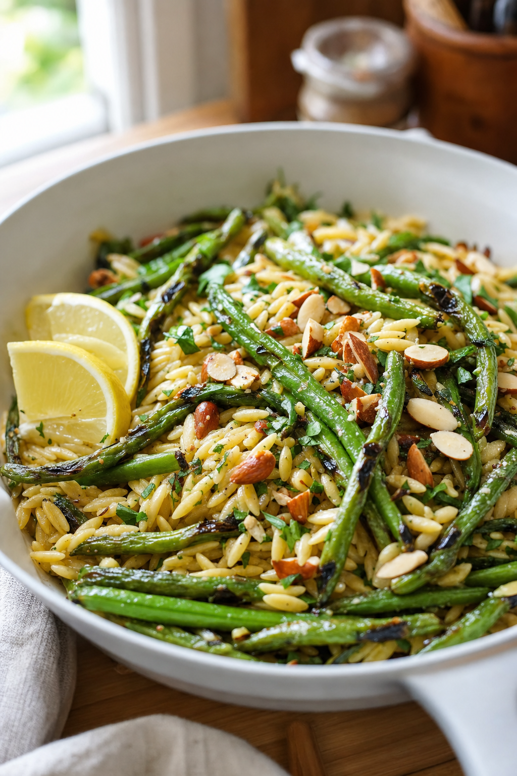 Lemony Orzo with Charred Green Beans and Almonds