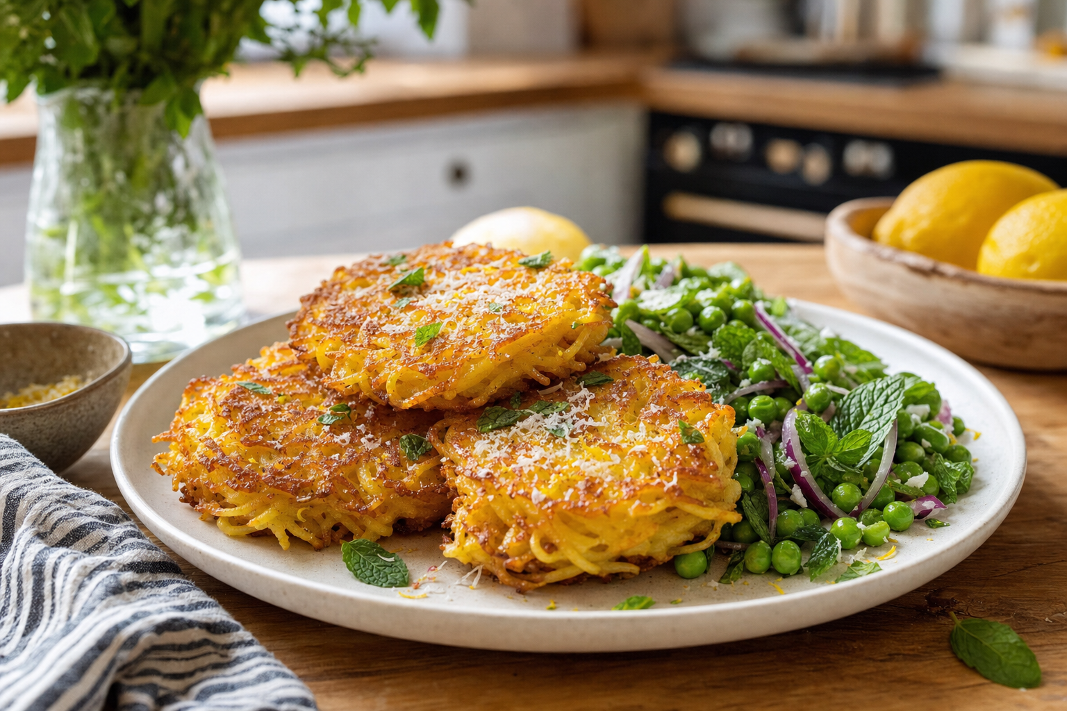 Lemony Pasta Fritters with Pea Salad