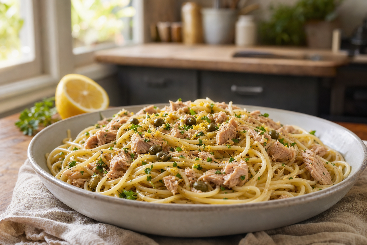 Lemony Tuna Caper Spaghetti