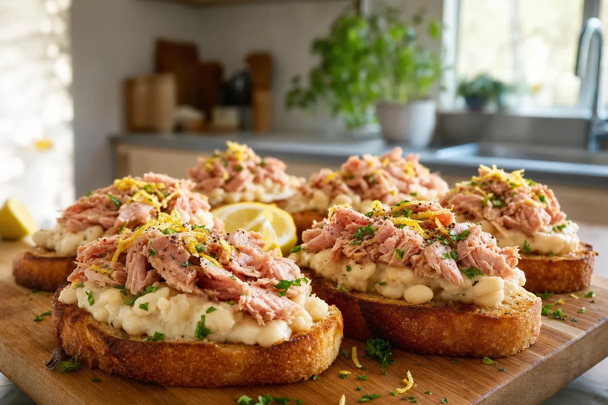 Lemony Tuna and White Bean Smash Crostini