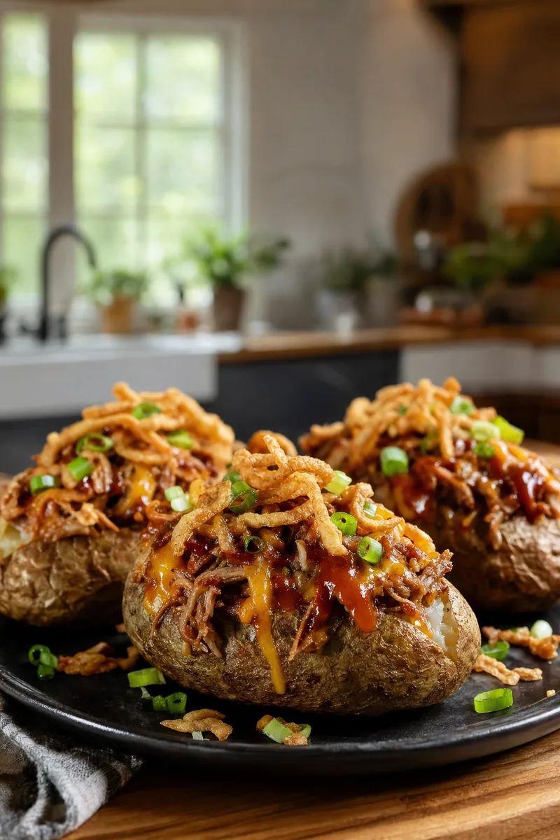 Loaded BBQ Pulled Pork Baked Potatoes