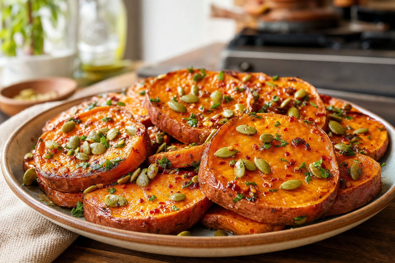 Maple-Glazed Sweet Potato Coins with Pepitas