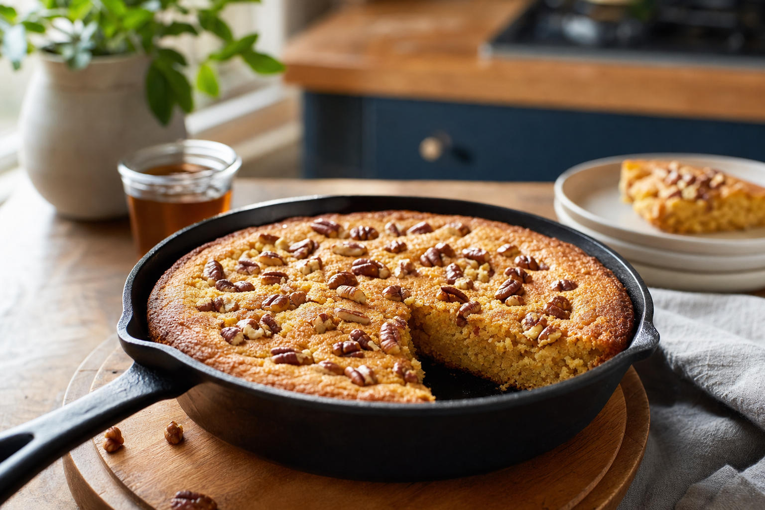Maple Pecan Cornmeal Skillet Cake