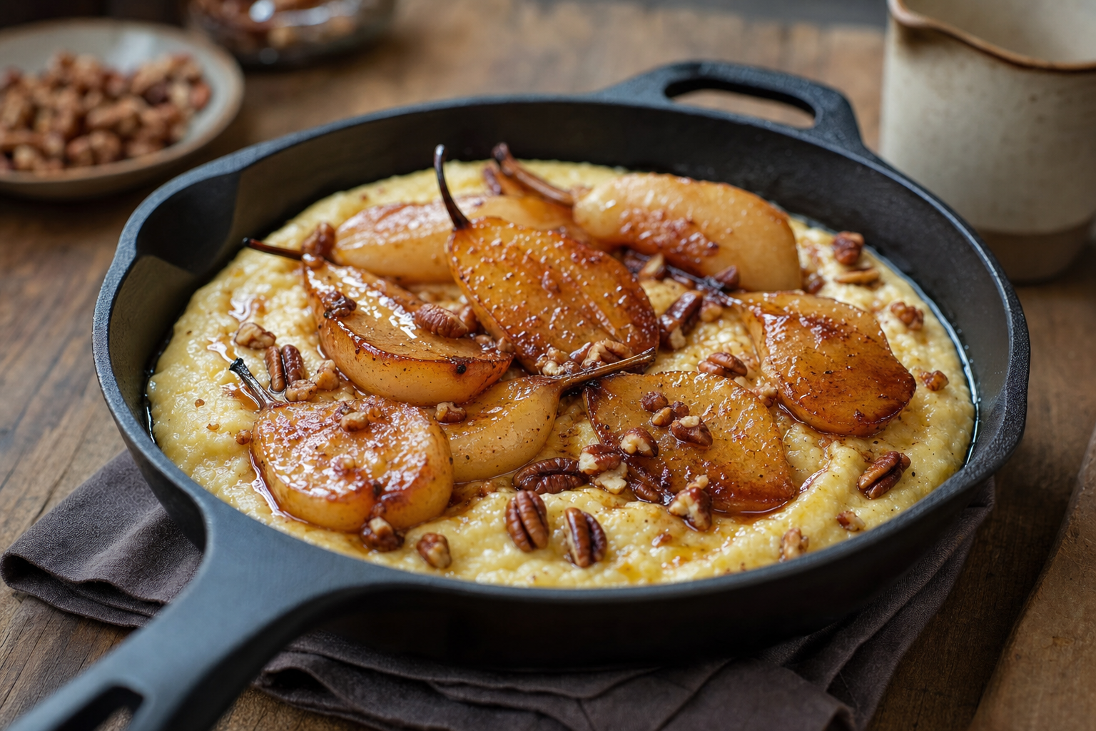 Maple Polenta Pudding with Roasted Pears