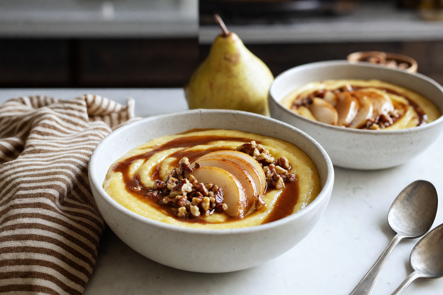 Miso Caramel Cornmeal Pudding with Pears