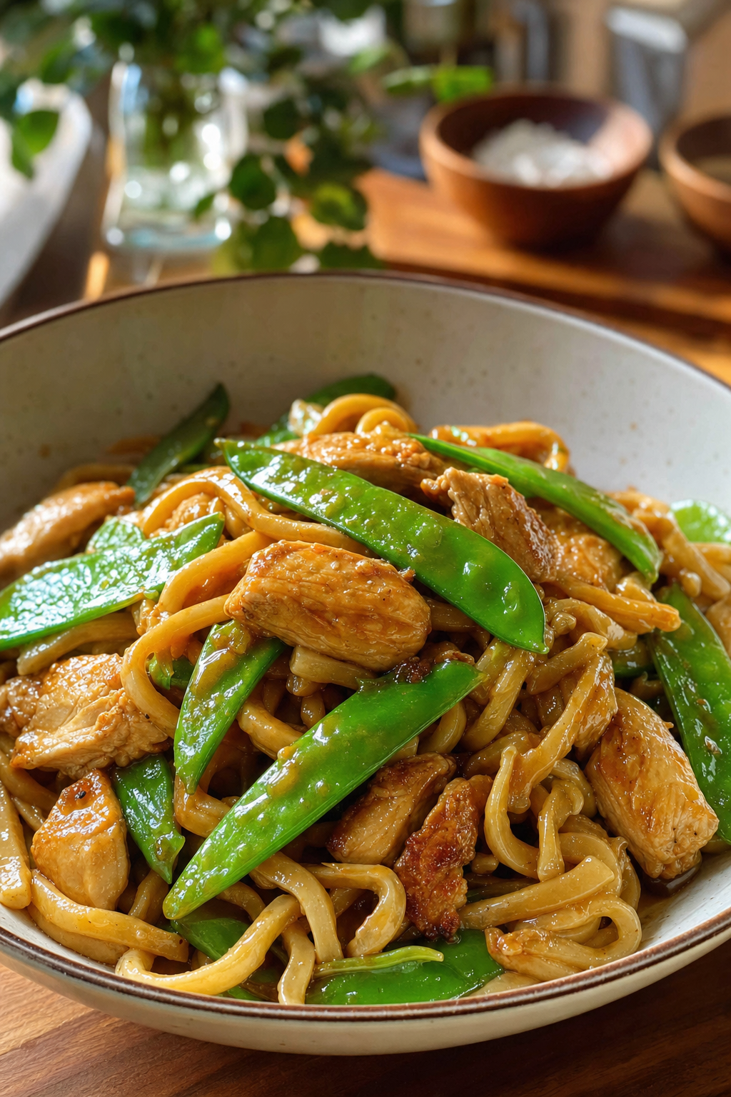 Miso Chicken Udon with Snap Peas