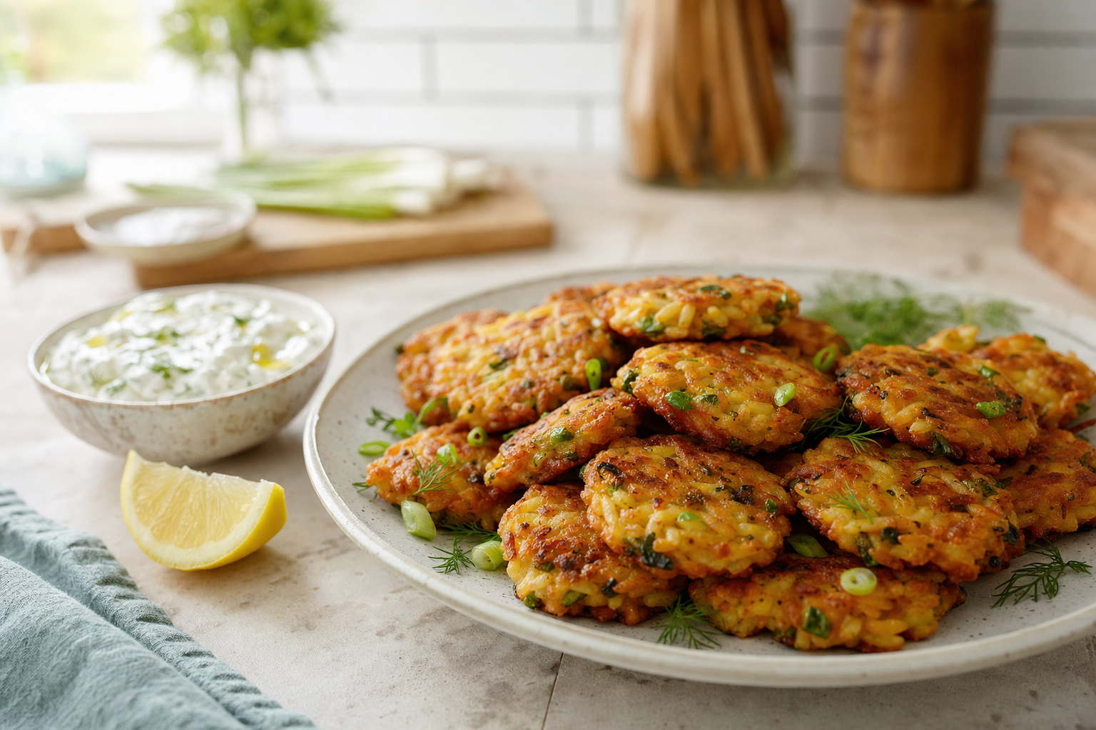 Orzo Fritters with Lemon Feta Dip