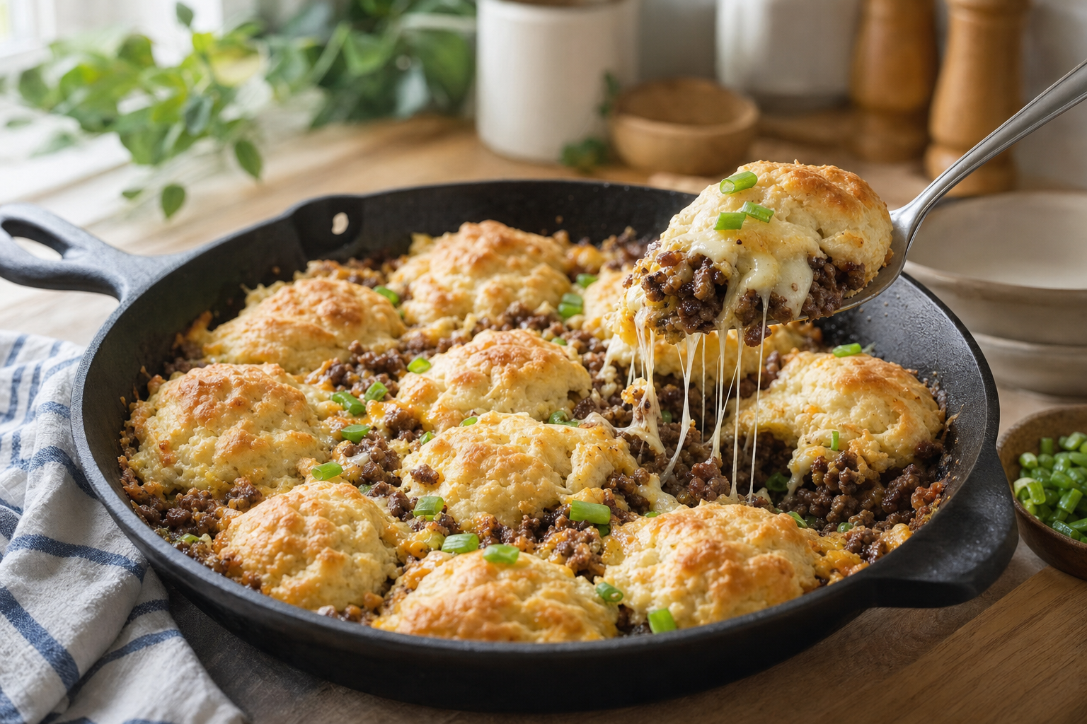 Pepper Jack Beef Biscuit Skillet