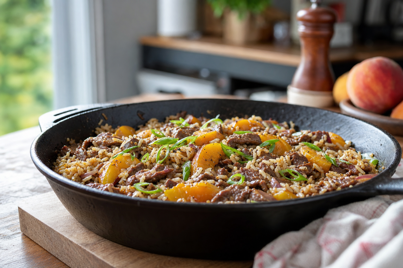 Peppercorn Beef and Peach Rice Skillet