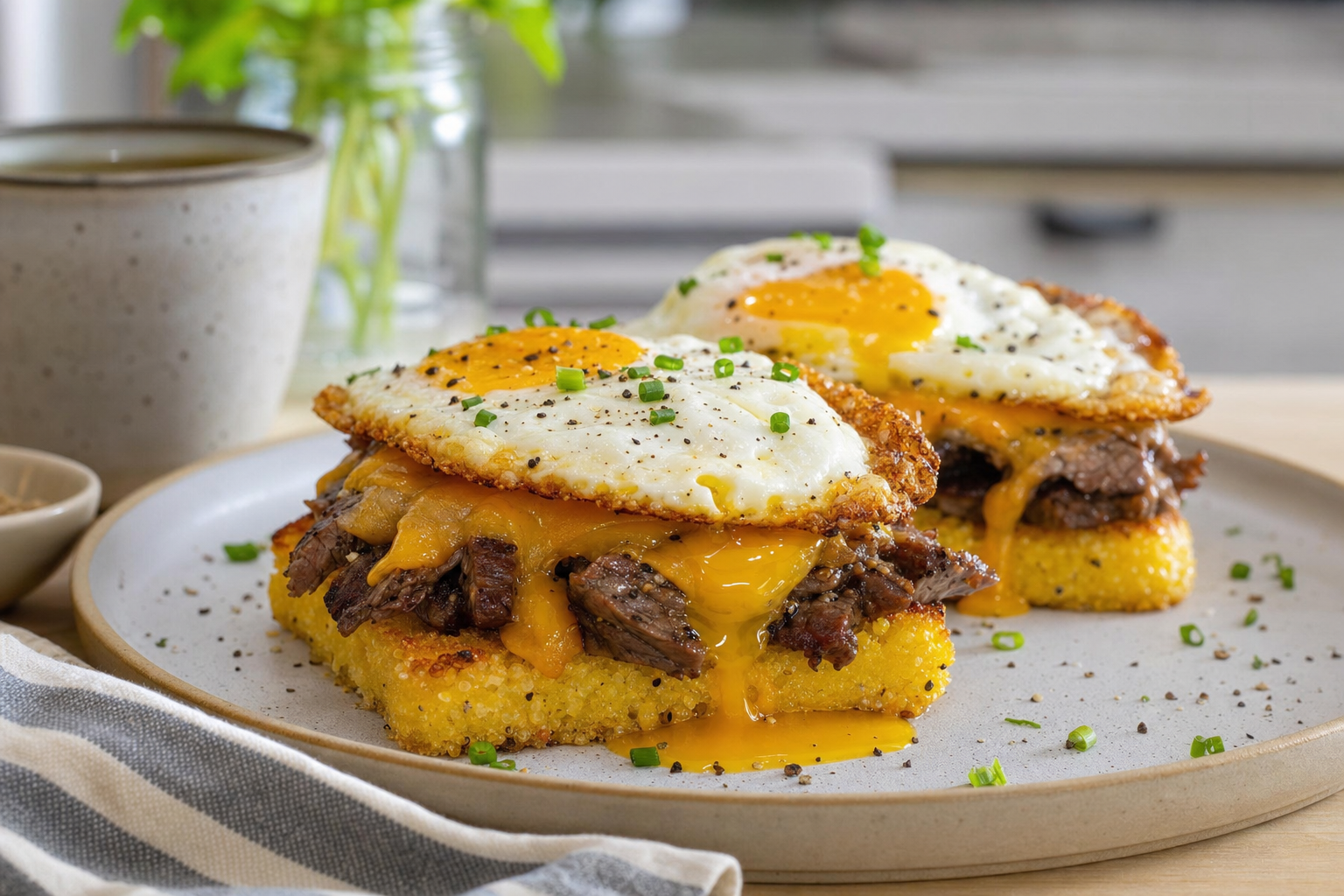 Peppery Beef and Cheddar Grits Toasts