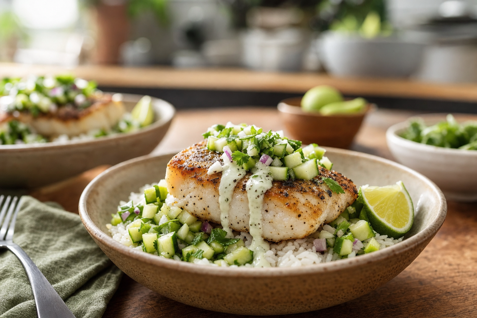 Peppery Cod Rice Bowls with Quick Cucumber Relish