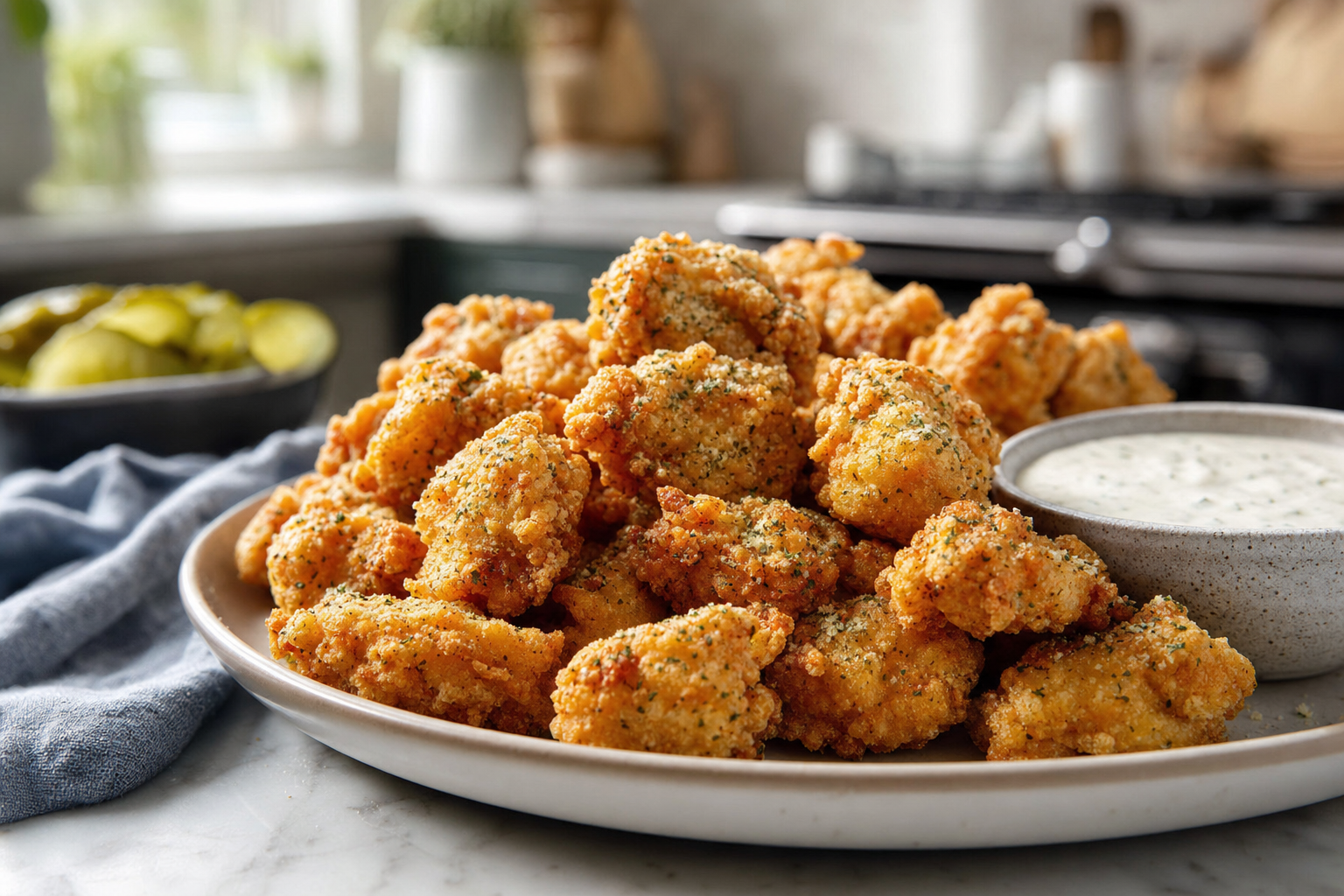 Pickle-Brined Chicken Popcorn with Ranch Dust