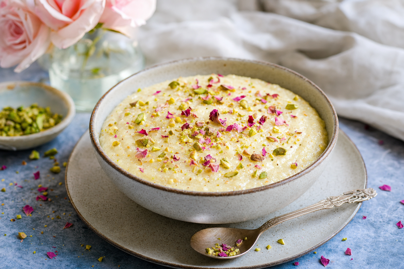 Pistachio Rose Semolina Pudding