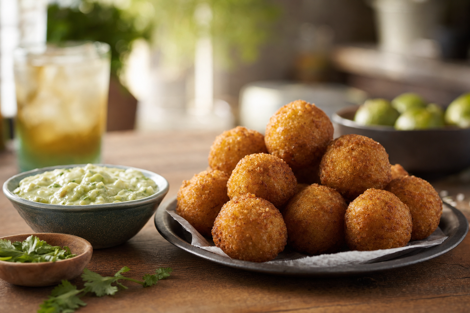 Roadhouse Cornmeal Hush Puppies with Green Chile Dip