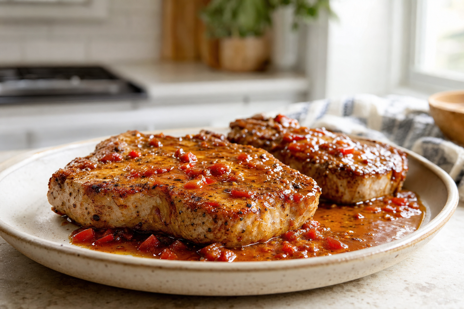 Roadhouse Pork Chops with Cherry Pepper Pan Sauce