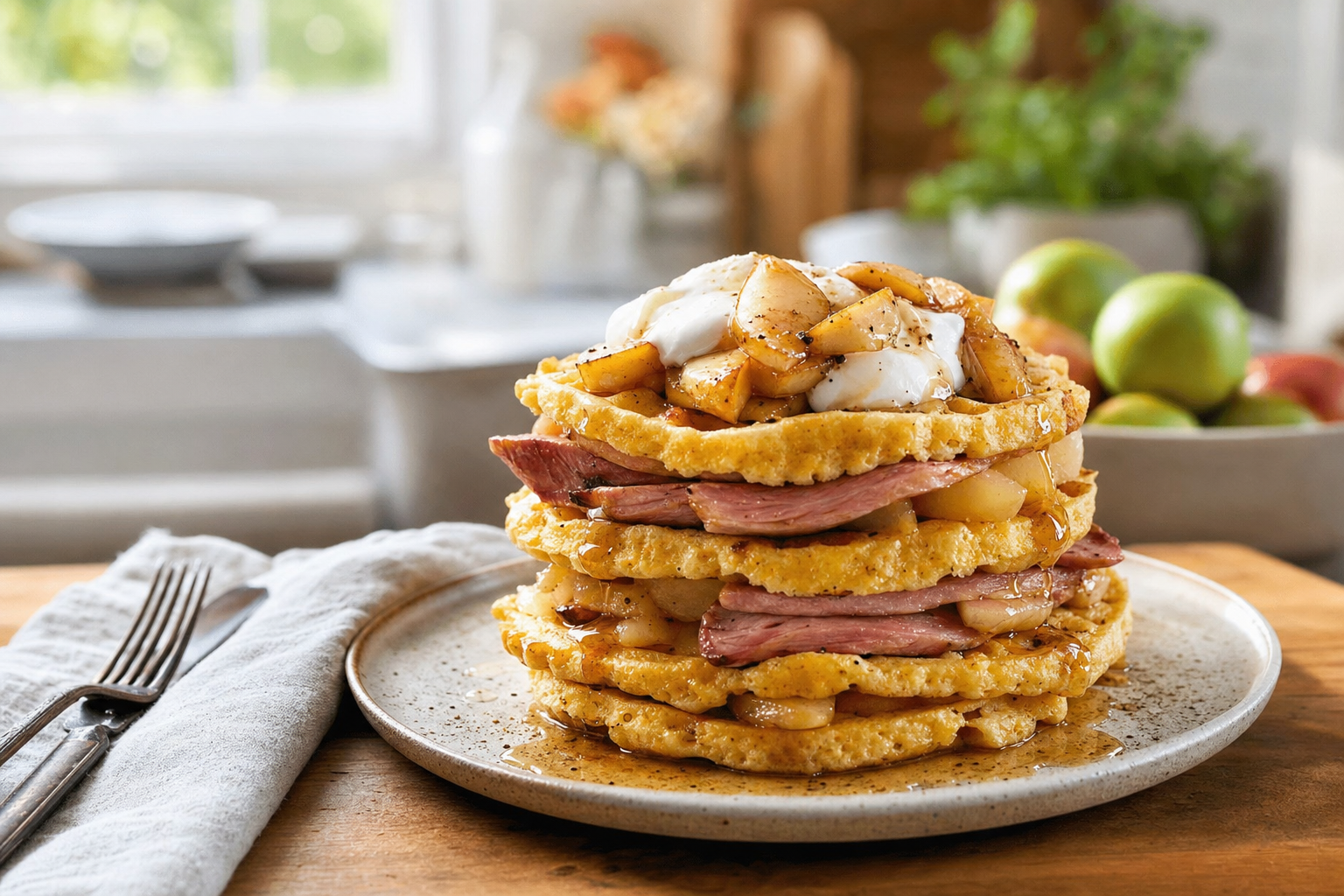 Roadside Ham Apple Cornmeal Waffle Stacks
